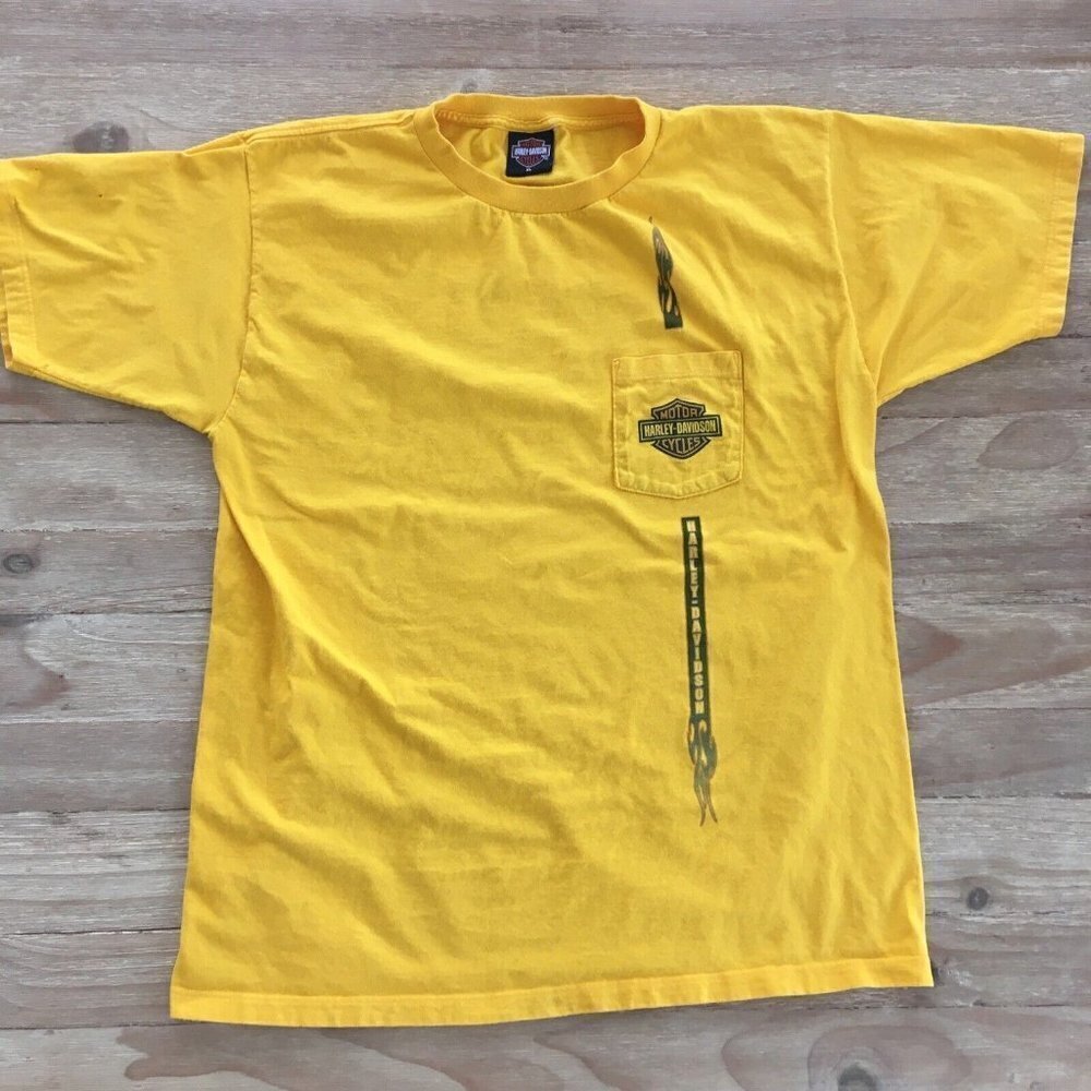 HARLEY DAVDISON T-SHIRT Vintage Yellow ORLANDO FLORIDA 06/01 USA XL Pocket Tee